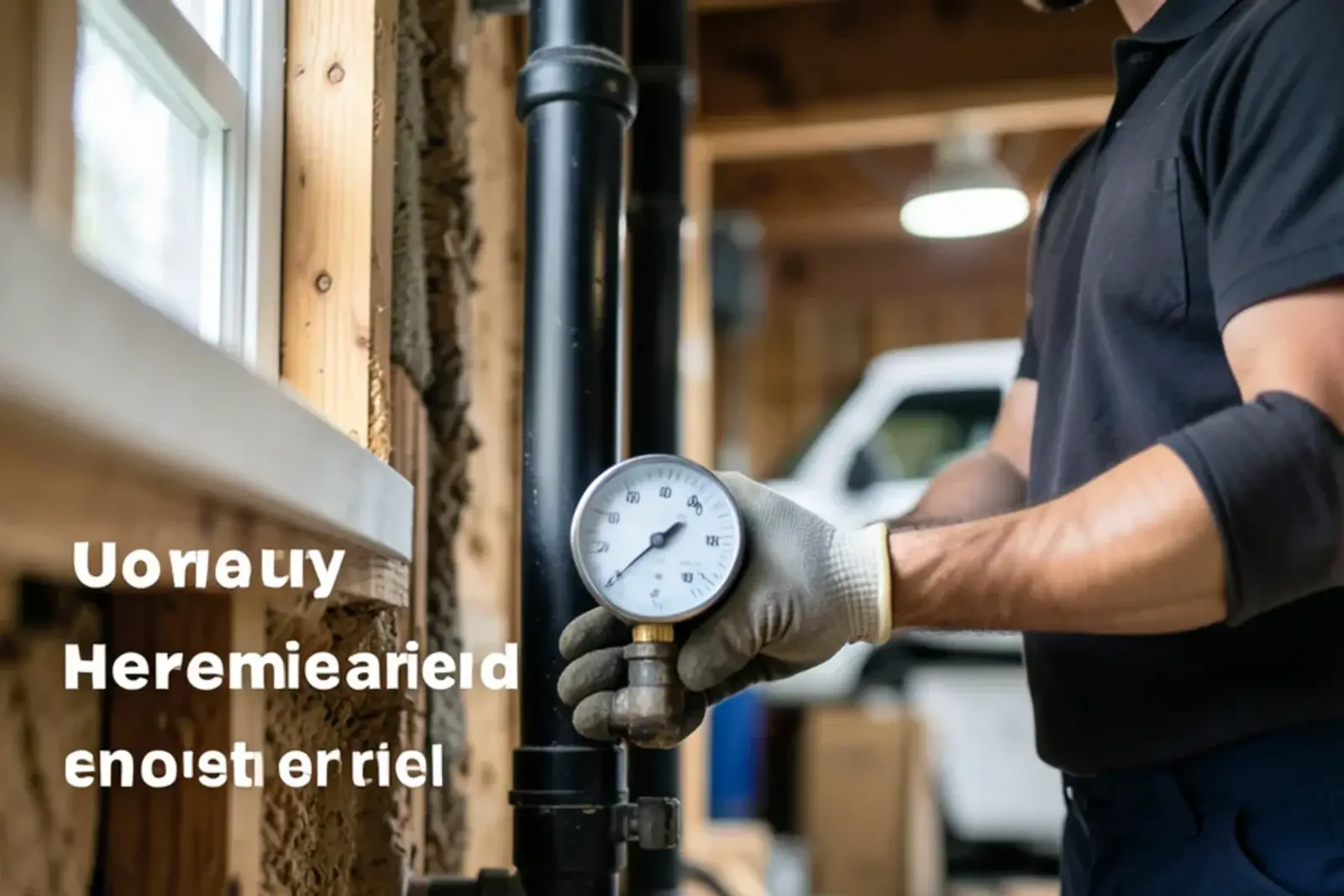 Pressure test gauge threaded into a capped black iron gas line in a basement after a repair
