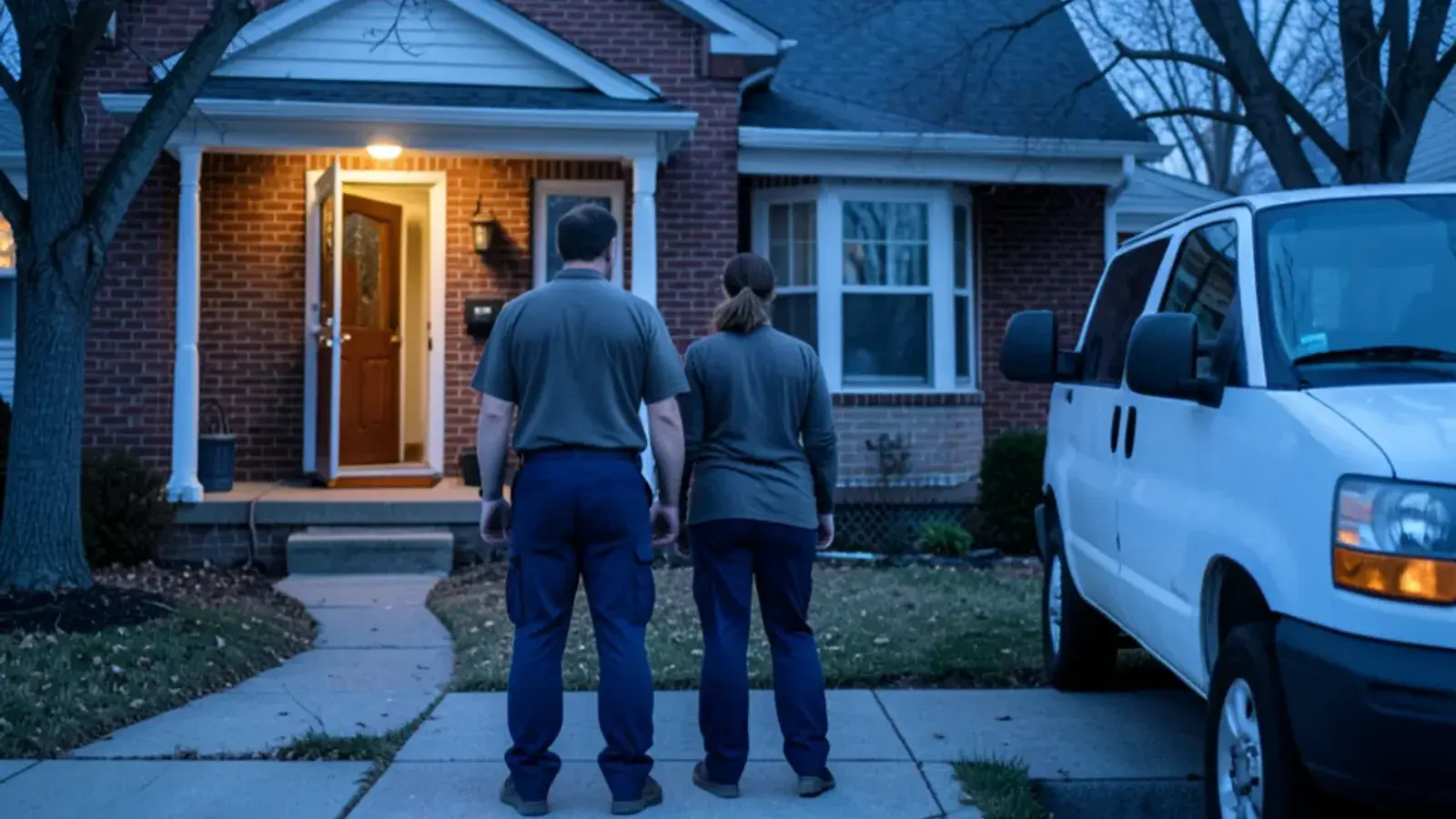 Family standing on a front sidewalk at dusk, well away from a brick bungalow with its front door left open