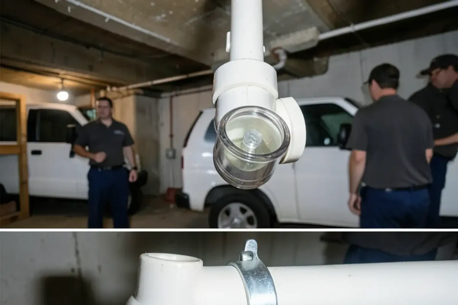 Clear-bodied check valve on a white PVC sump discharge pipe just above the pit
