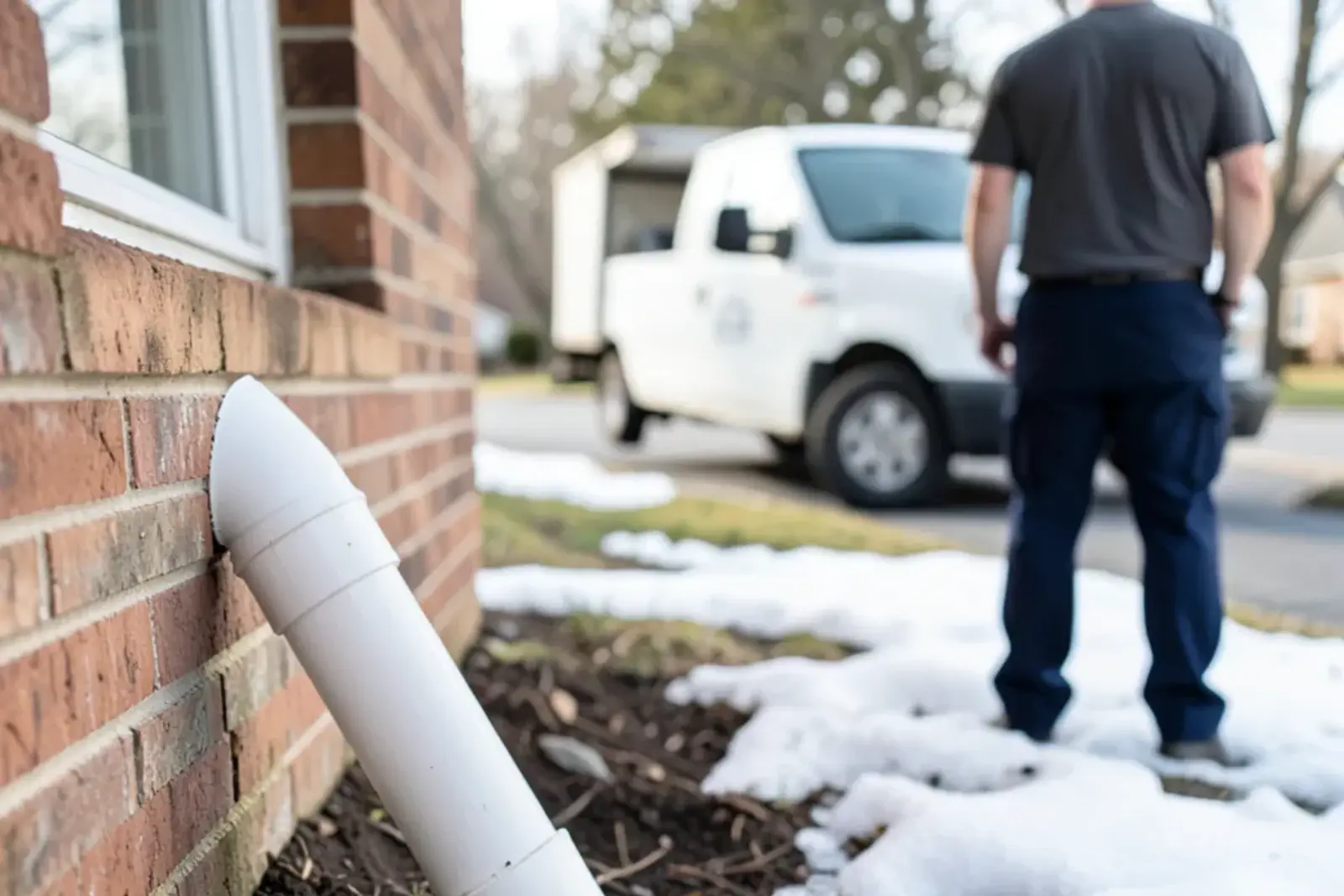 White 4-inch PVC sump discharge pipe leaving a brick foundation and turning straight down into the ground toward a buried line