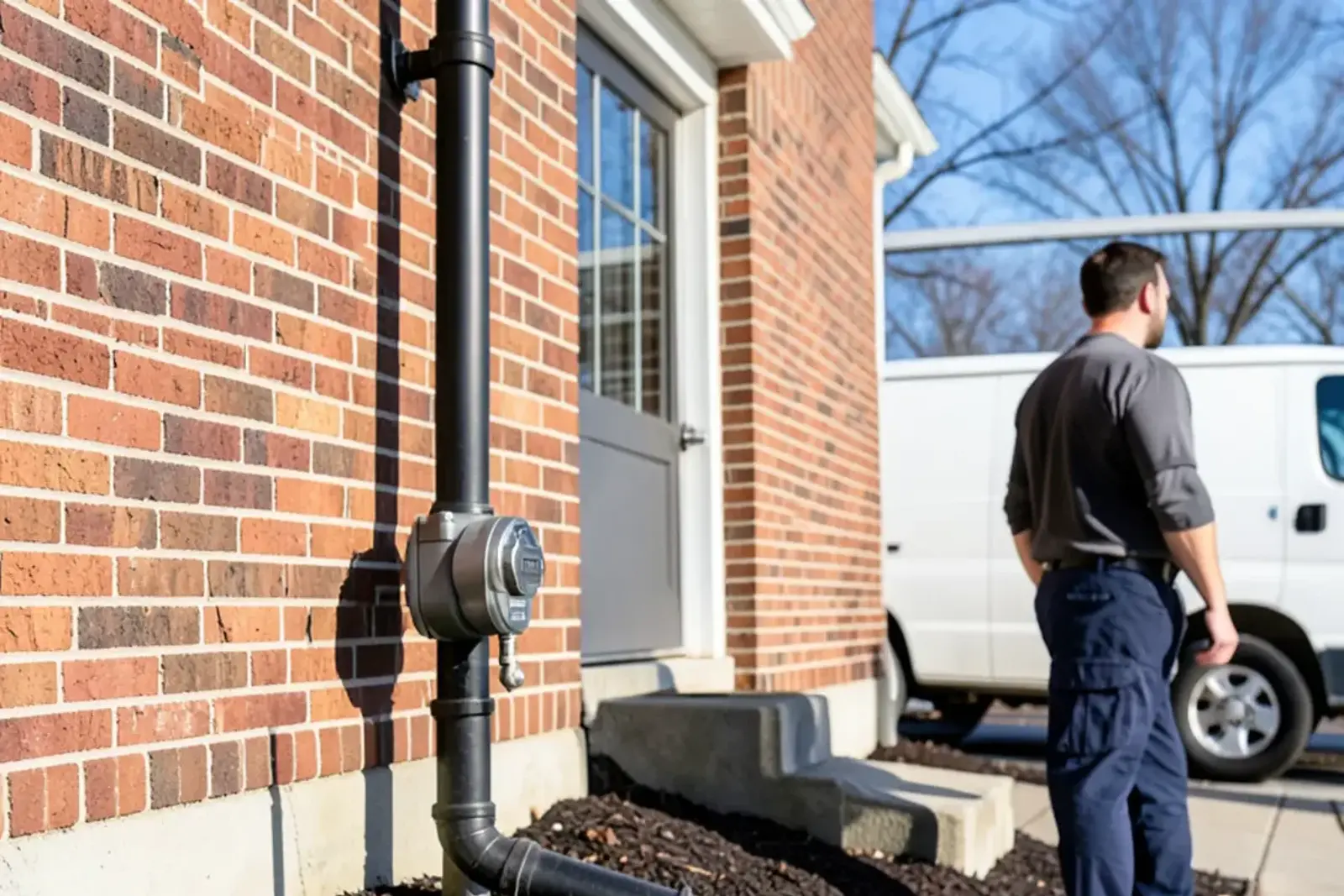 Residential natural gas meter with black iron pipe entering the side of a brick house