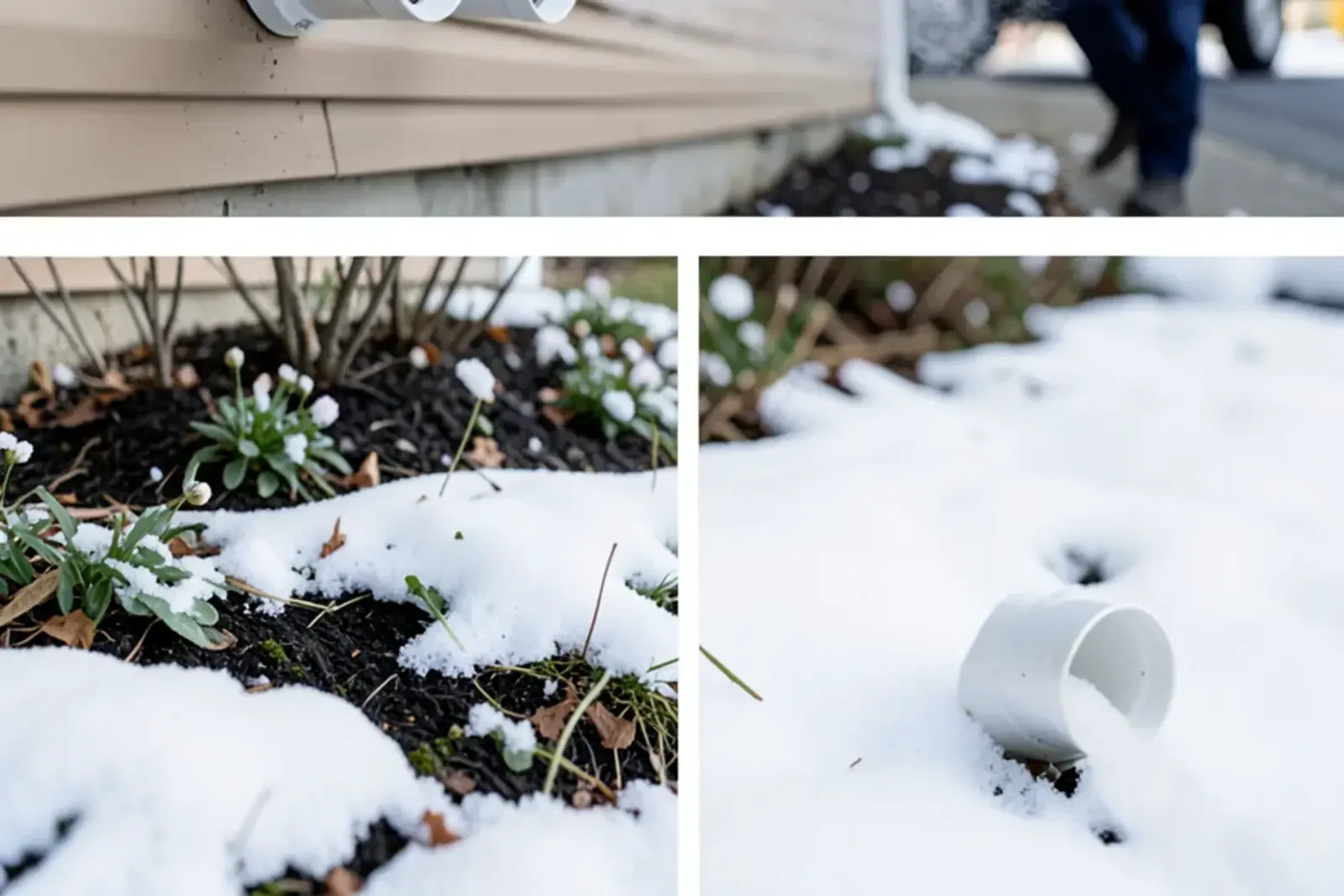 Two white PVC intake and exhaust terminations on a vinyl-sided wall above a snowy flower bed