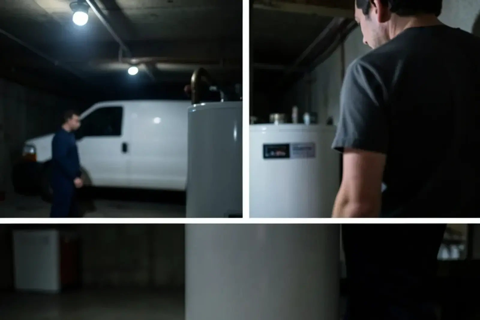 Standard gas water heater with its small pilot flame visible through the sight window in a basement lit only by a flashlight