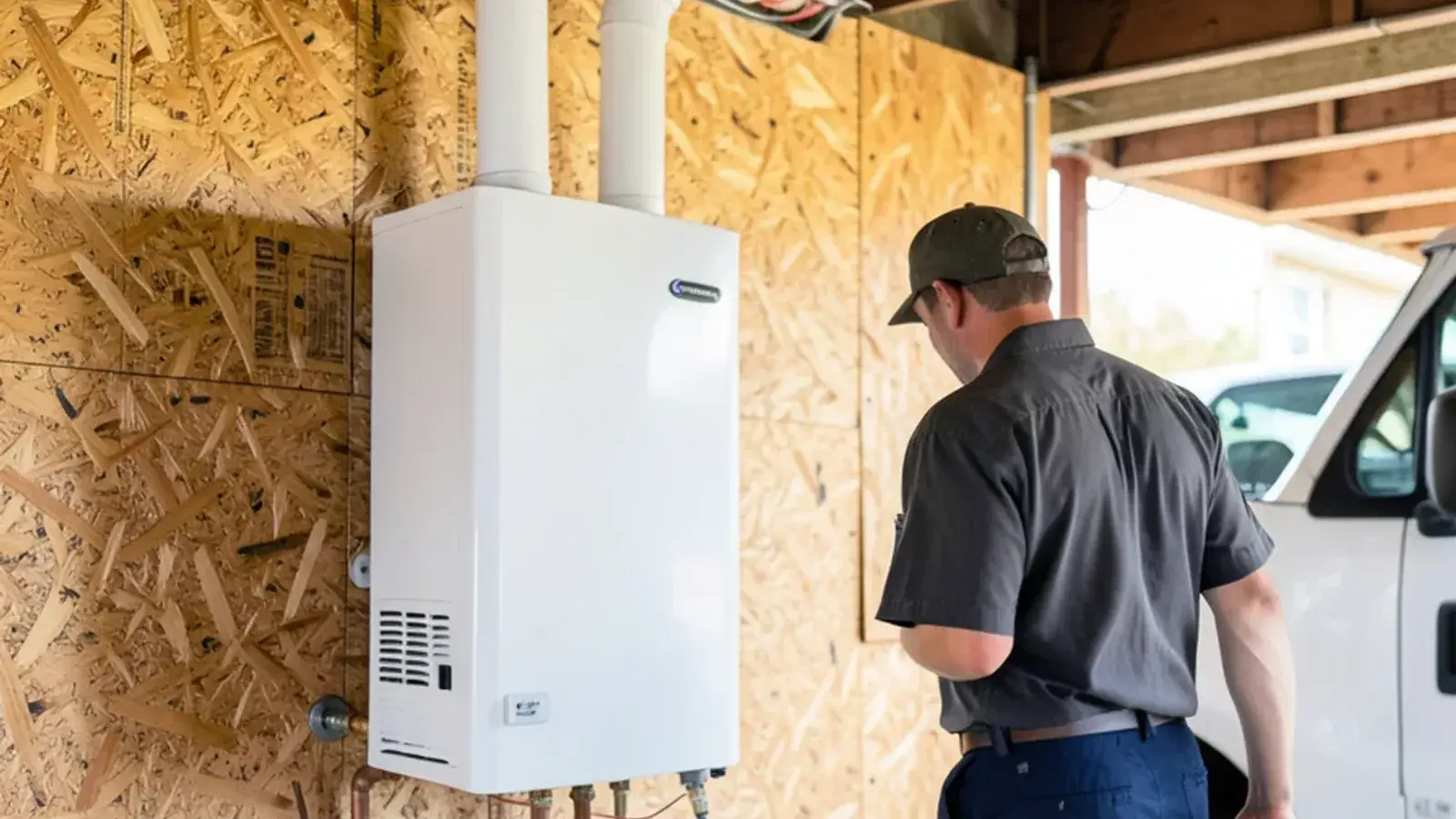 Wall-mounted condensing tankless water heater with white PVC vent pipes in a Michigan basement
