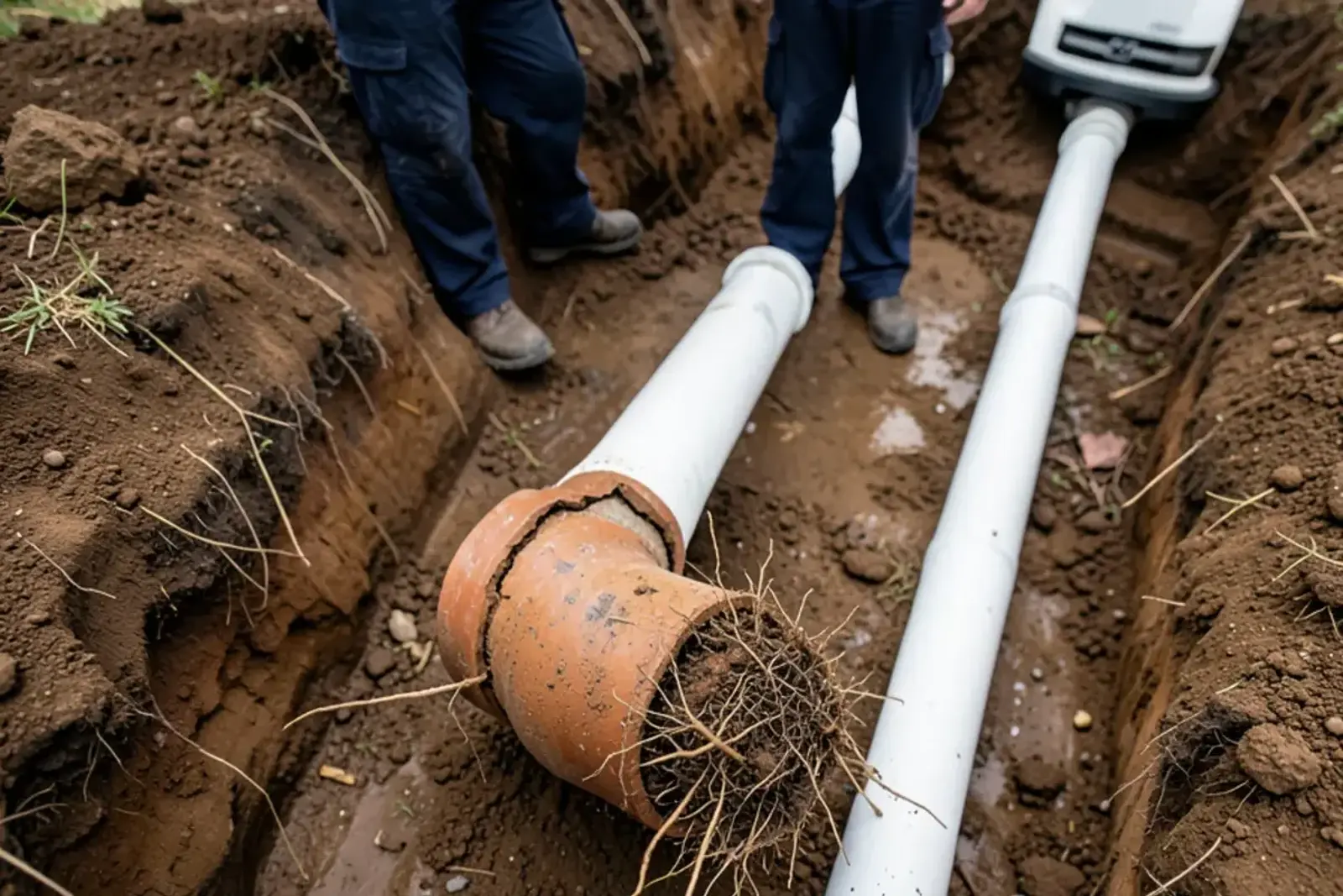 Excavated section of old clay sewer pipe with a cracked joint packed with roots next to new PVC pipe