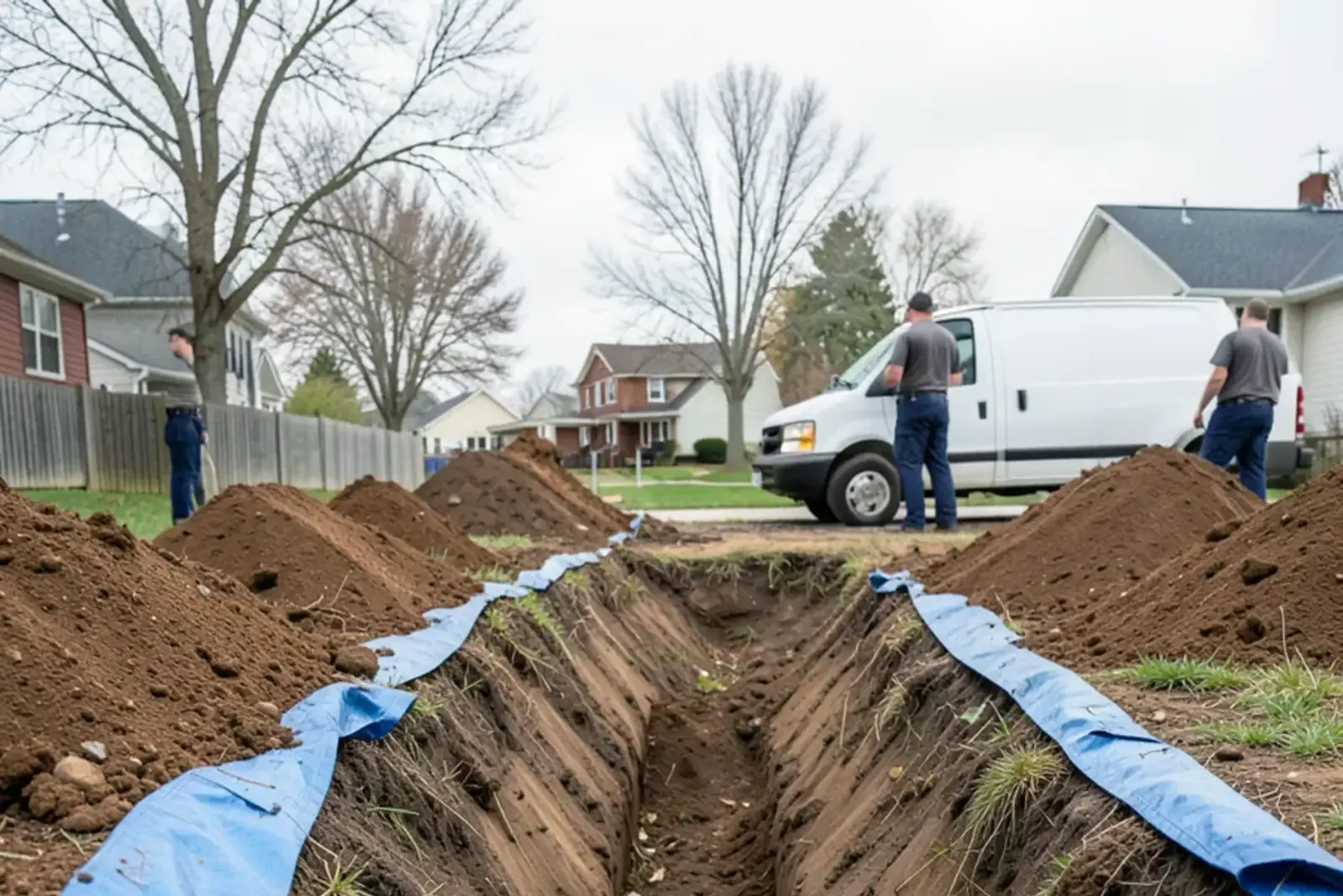 Long open trench across a residential backyard with exposed old clay sewer pipe and spoil piles on tarps