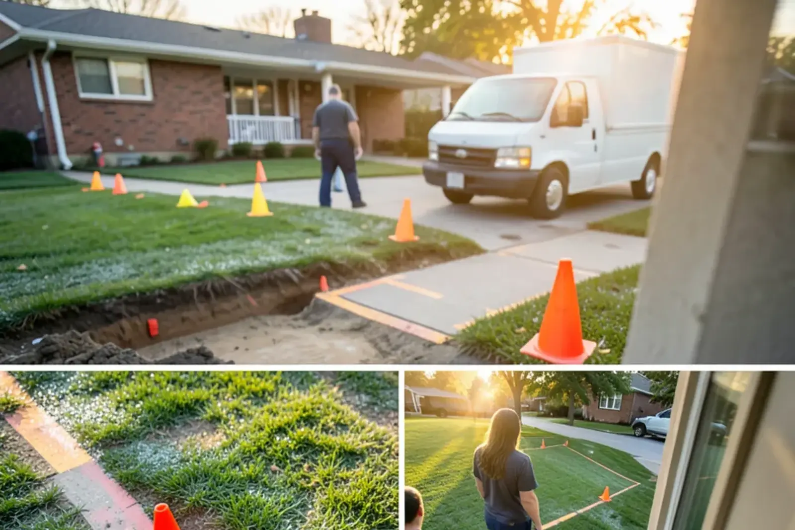 Colored utility marking flags and paint lines on a front lawn and sidewalk before excavation