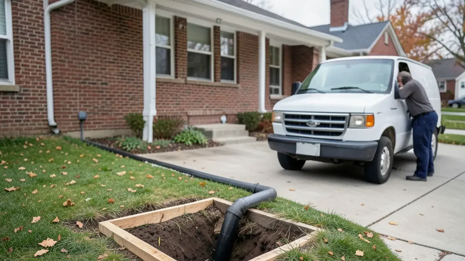 Small access pit dug in a front lawn beside a driveway with a new black sewer pipe entering the ground