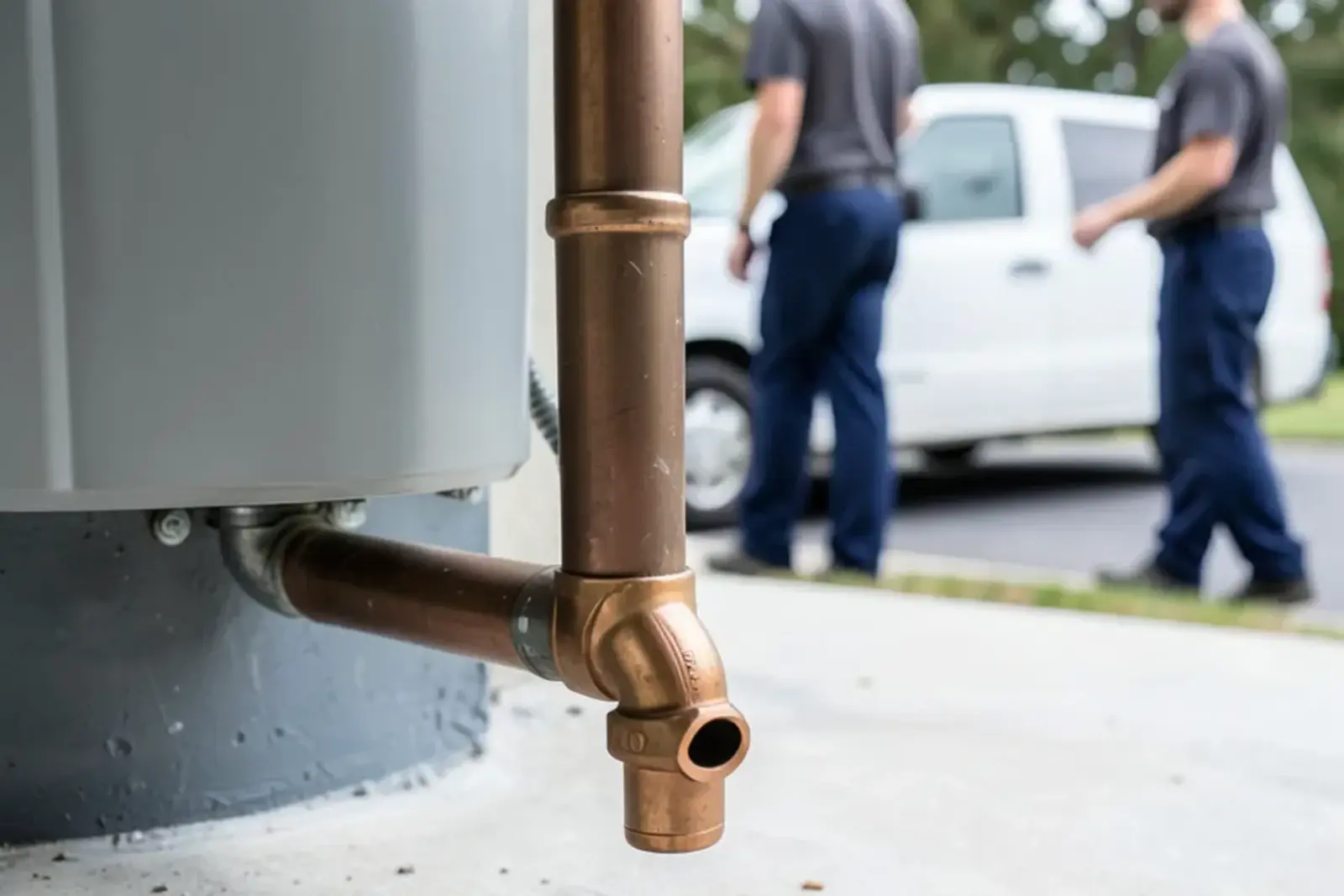 Copper relief valve discharge pipe ending a few inches above a basement floor drain beside a water heater