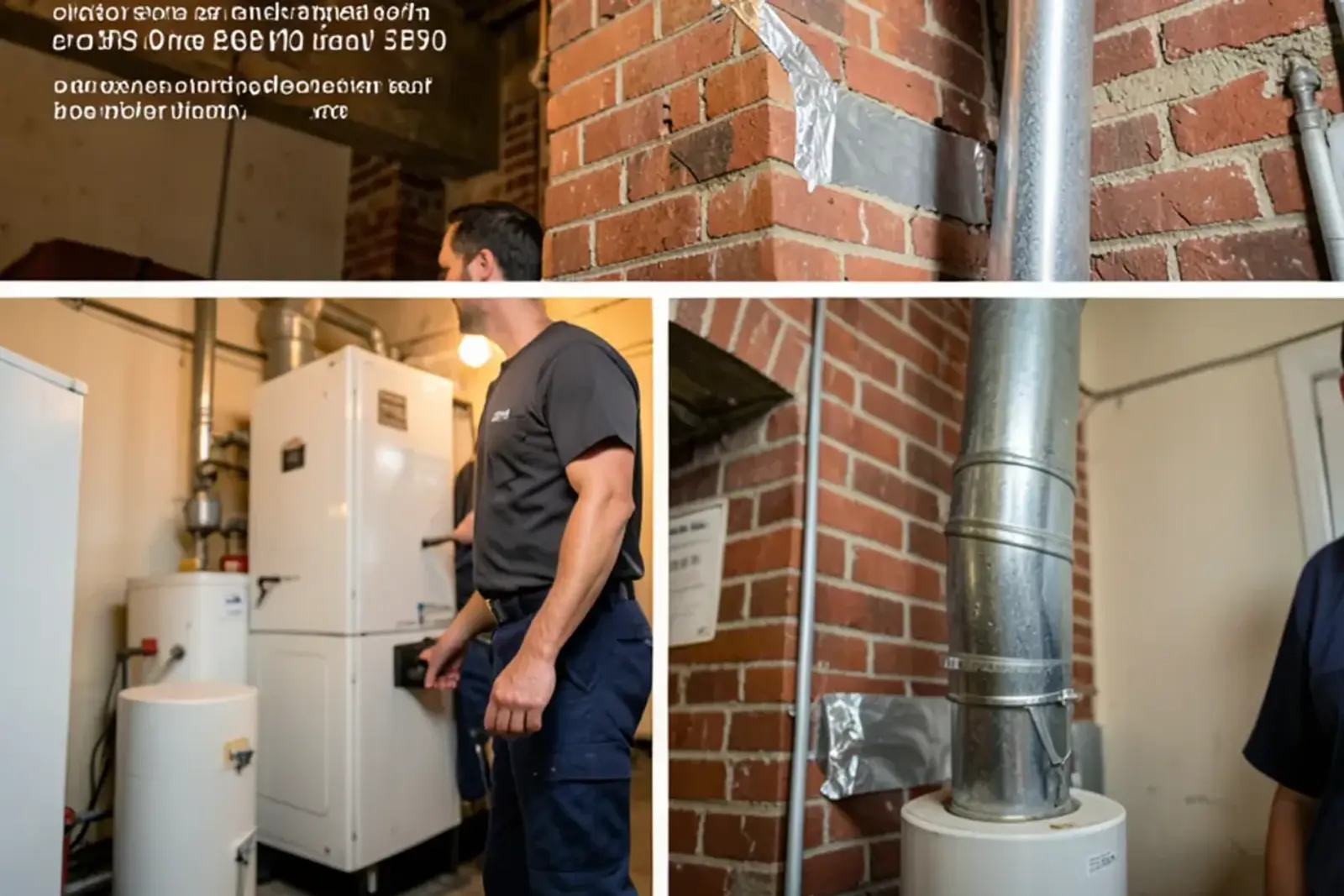 Galvanized vent pipe rising from a water heater draft hood and entering a brick chimney