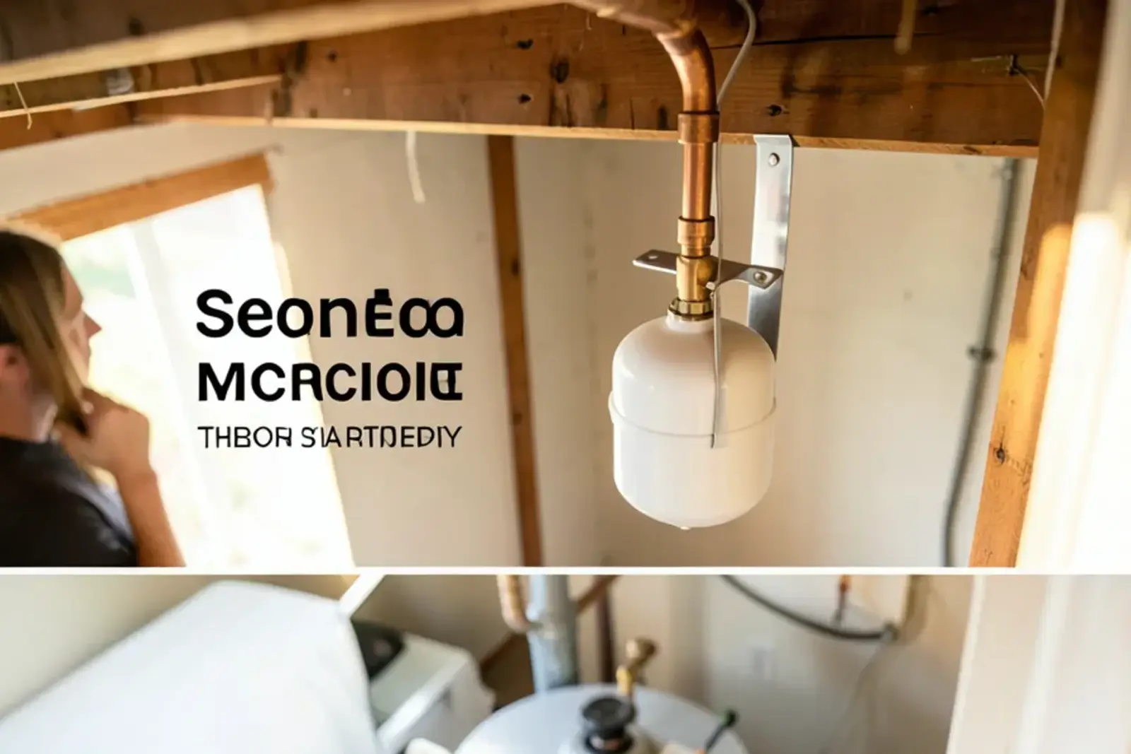 Small expansion tank mounted on the cold water supply line above a residential water heater