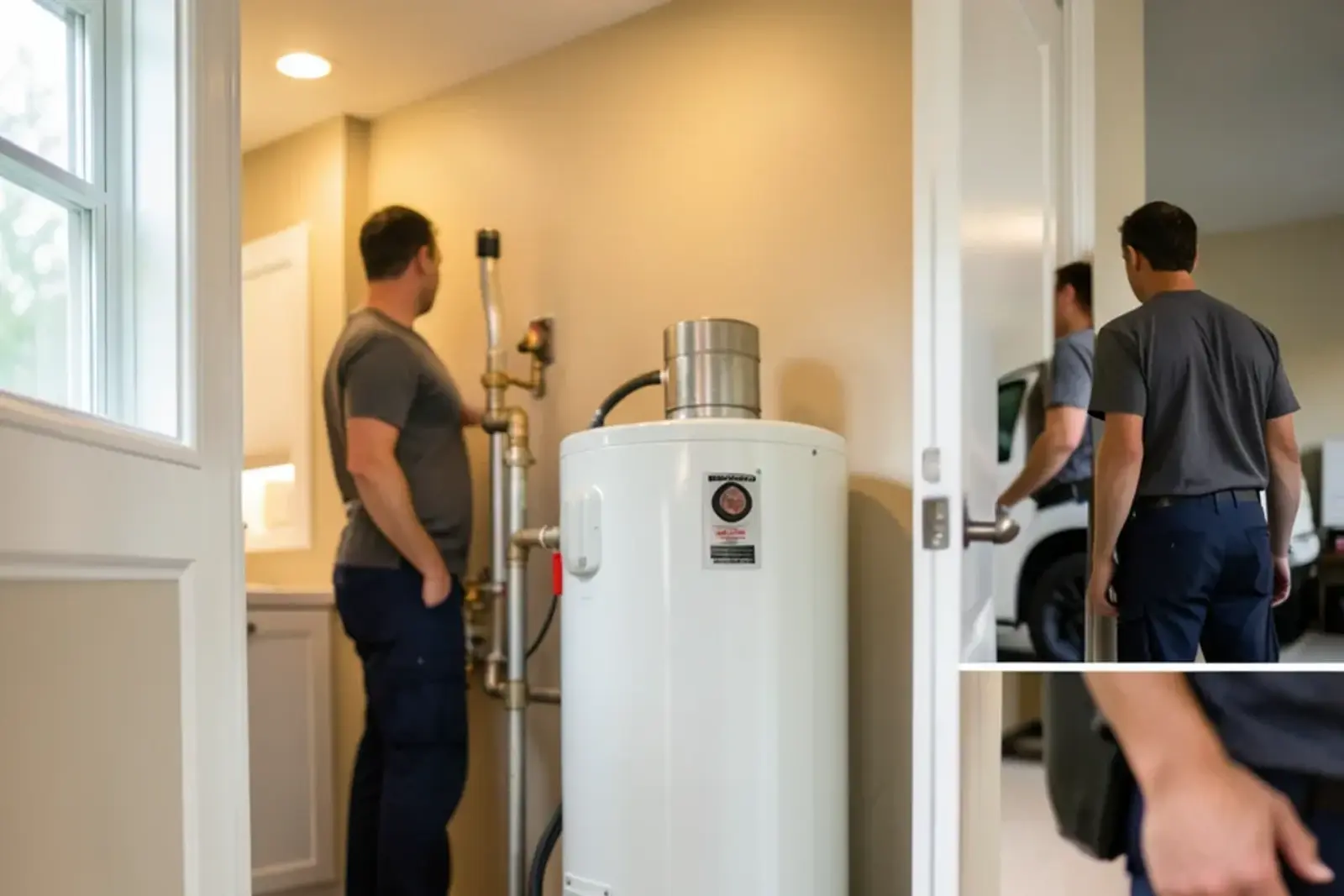 Electric tank water heater standing in a shallow metal drain pan inside a finished basement utility closet with carpet beyond the door