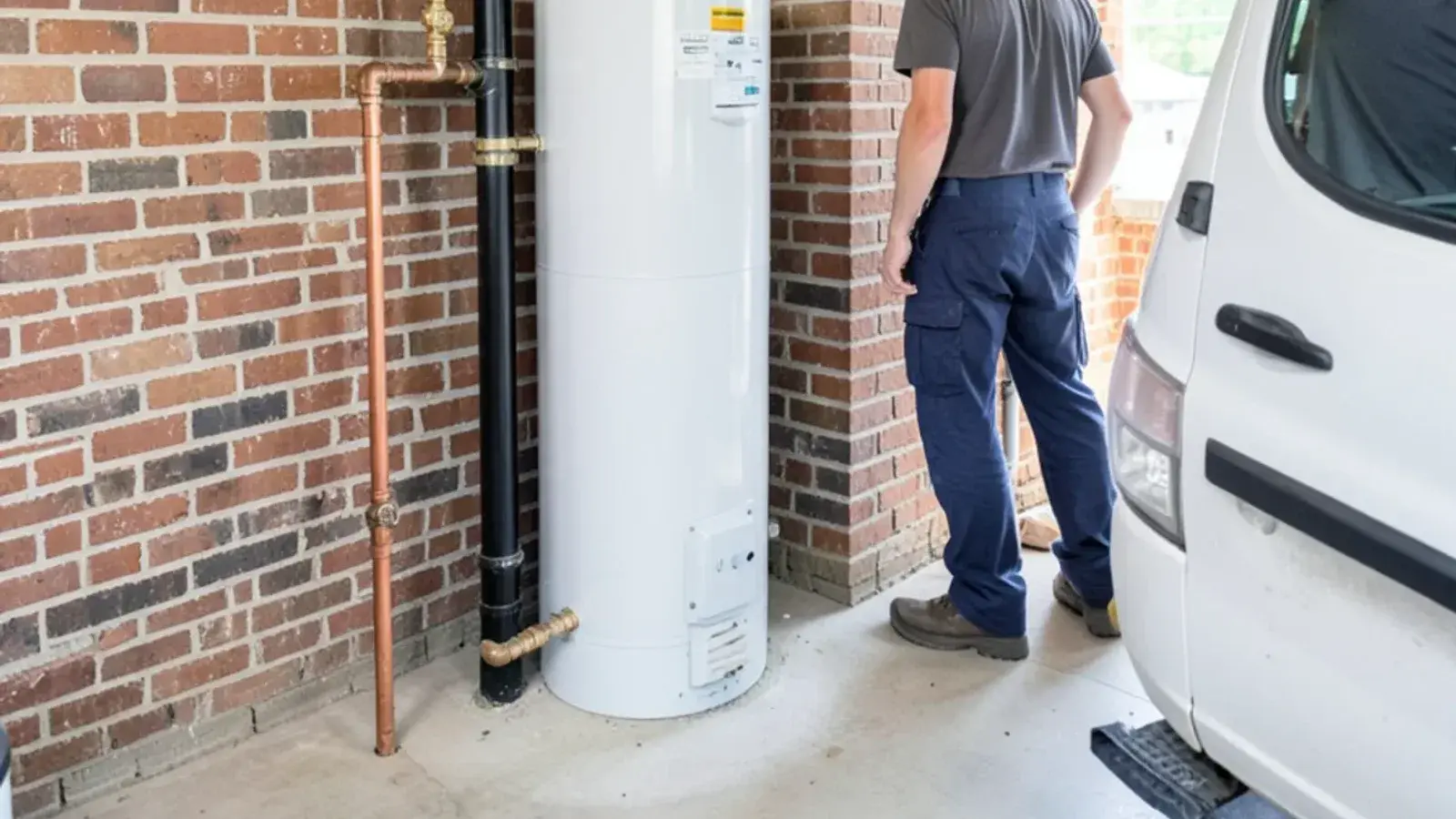 Newly installed gas tank water heater in a basement with a copper relief valve discharge pipe running toward the floor