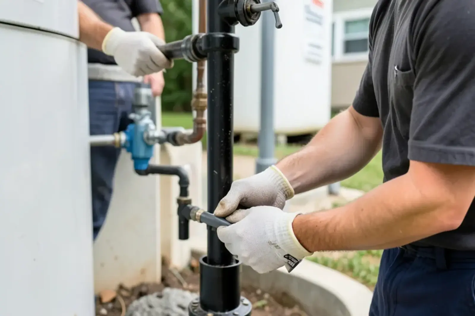 Black iron gas line with a shutoff valve and capped sediment trap at a water heater
