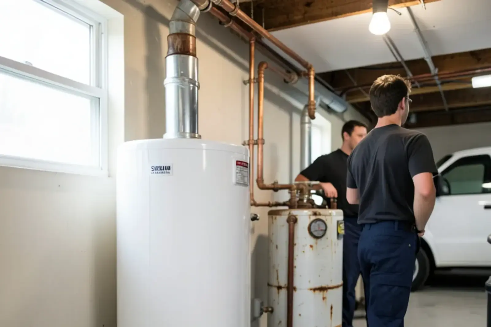 New gas water heater standing next to the slightly shorter, rust-streaked tank it is replacing in a basement