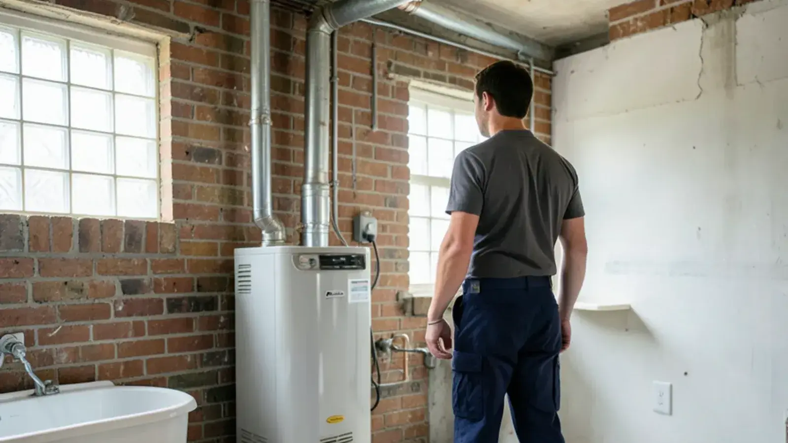 Gas water heater with a metal draft hood and flue pipe in an unfinished Michigan basement