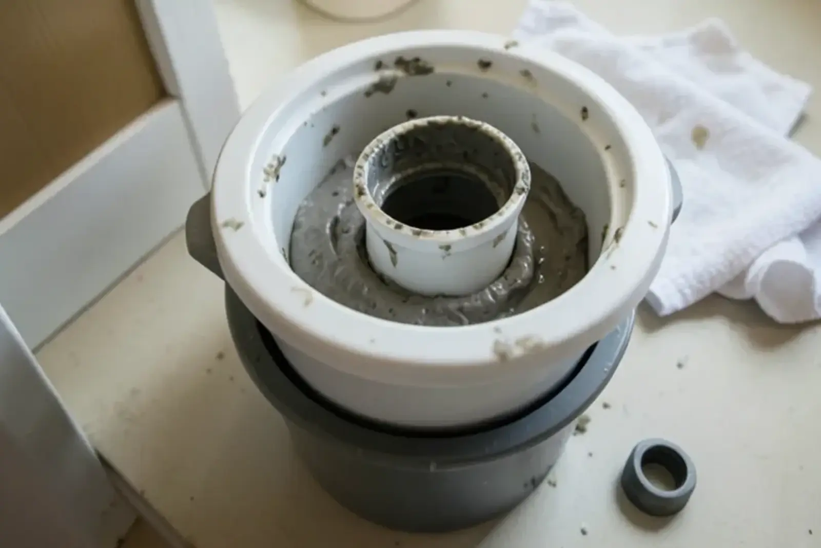 Kitchen sink P-trap removed and set in a bucket, showing a buildup of gray grease and food paste inside