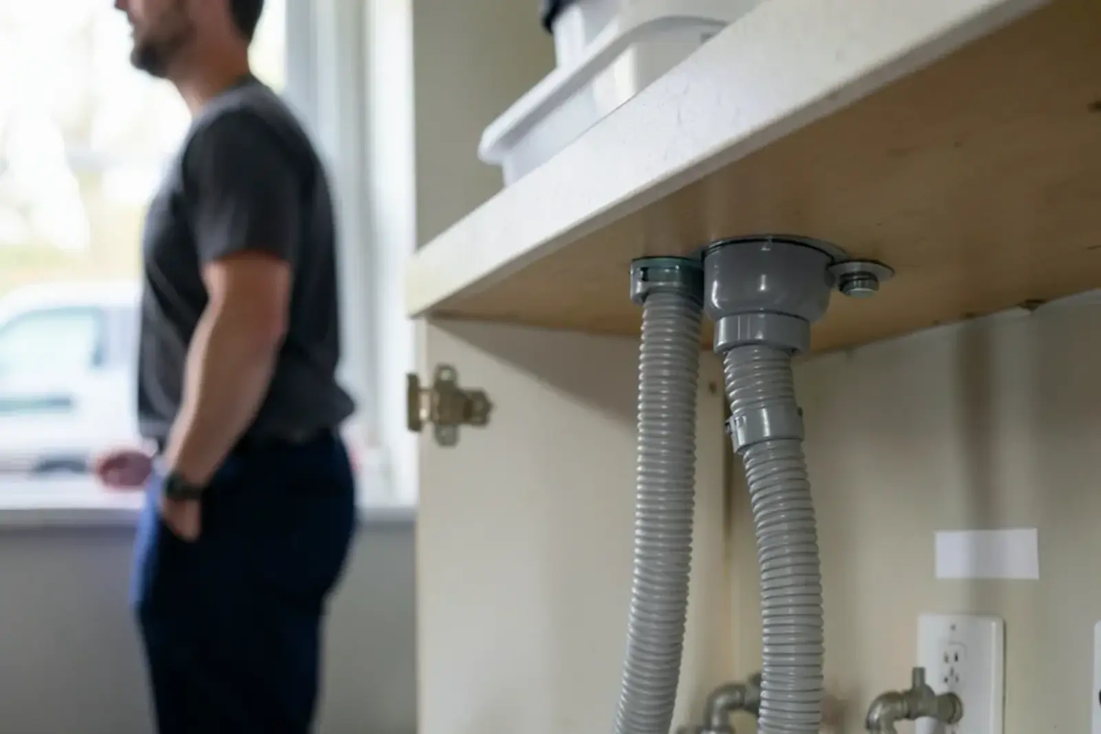Ribbed dishwasher drain hose looped up and clipped under the countertop before dropping to the disposal inlet