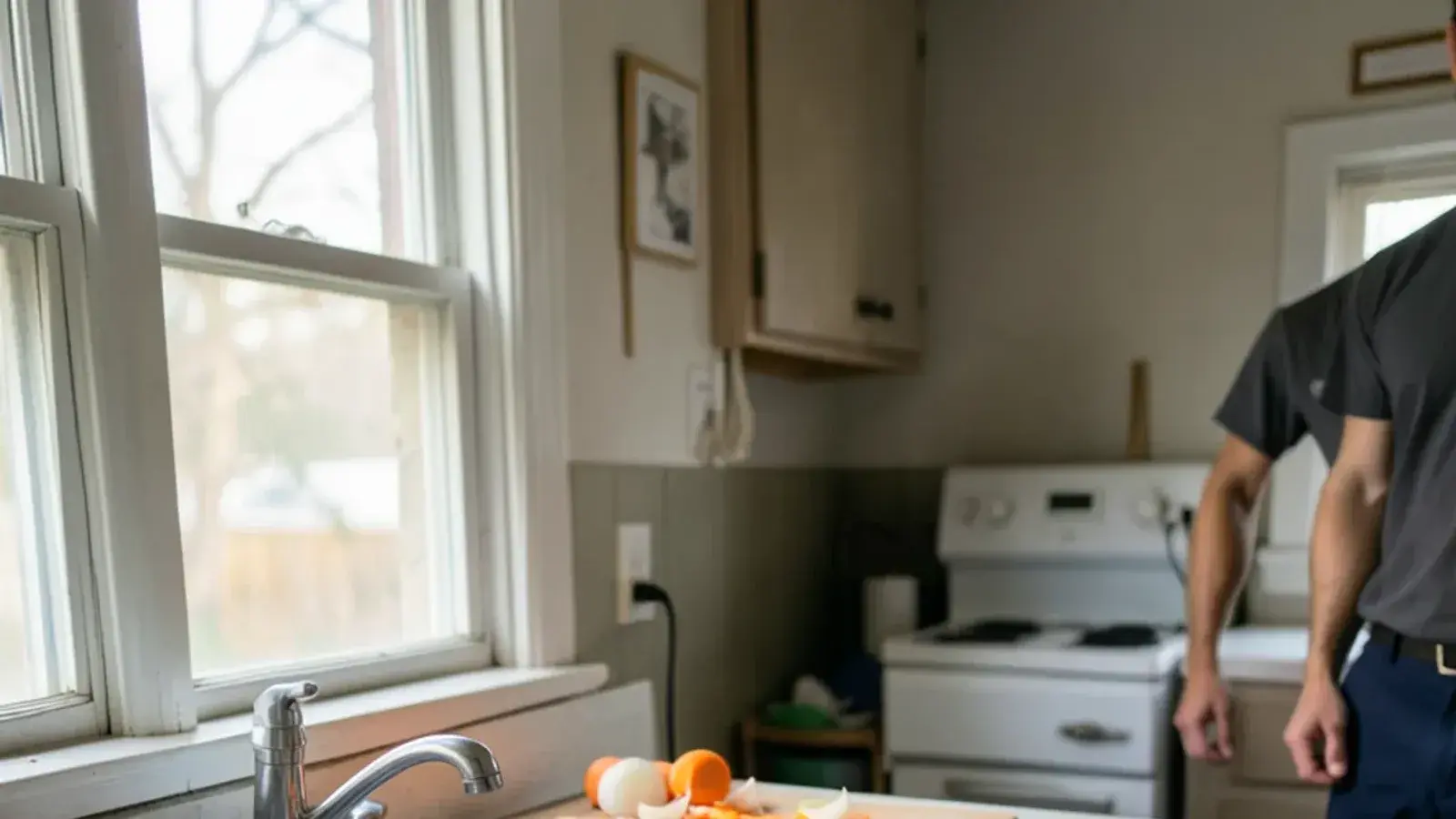 Stainless double kitchen sink with a disposal drain opening and a cutting board of vegetable scraps on the counter beside it