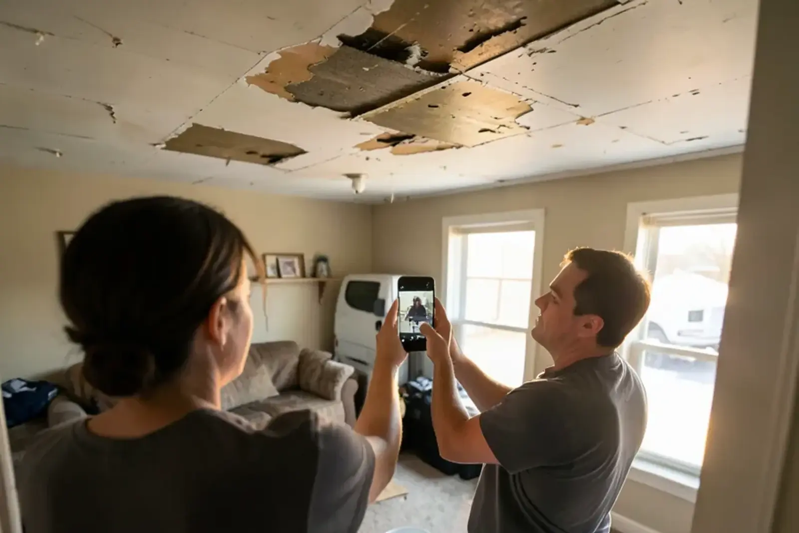 Smartphone held up to photograph a sagging water-stained drywall ceiling in a living room