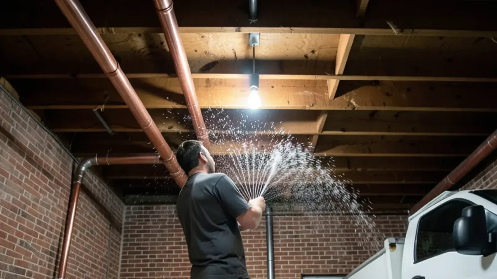 Water spraying from a split copper pipe between basement ceiling joists above a wet concrete floor