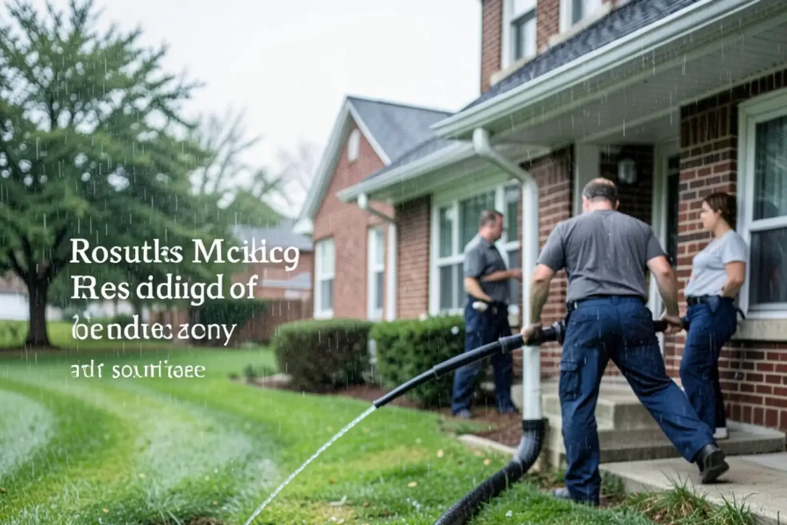 Gutter downspout with a long extension carrying rainwater across the lawn away from a brick house