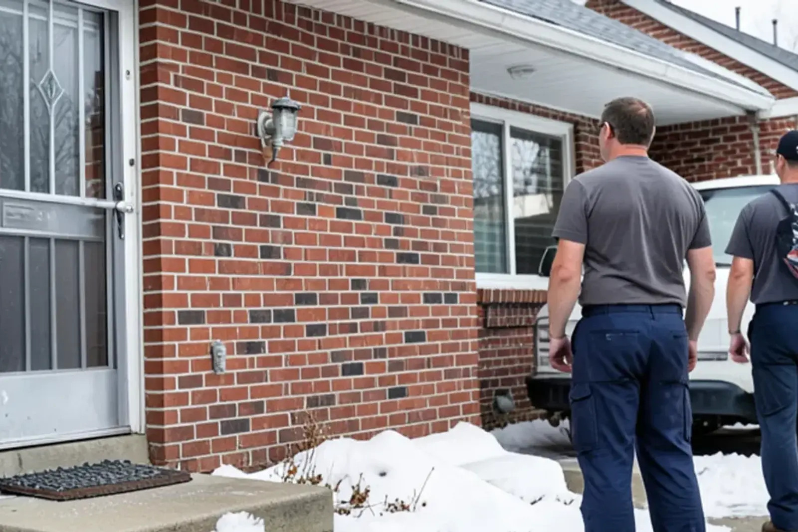 Single-story brick ranch with a low roofline and snow along the foundation