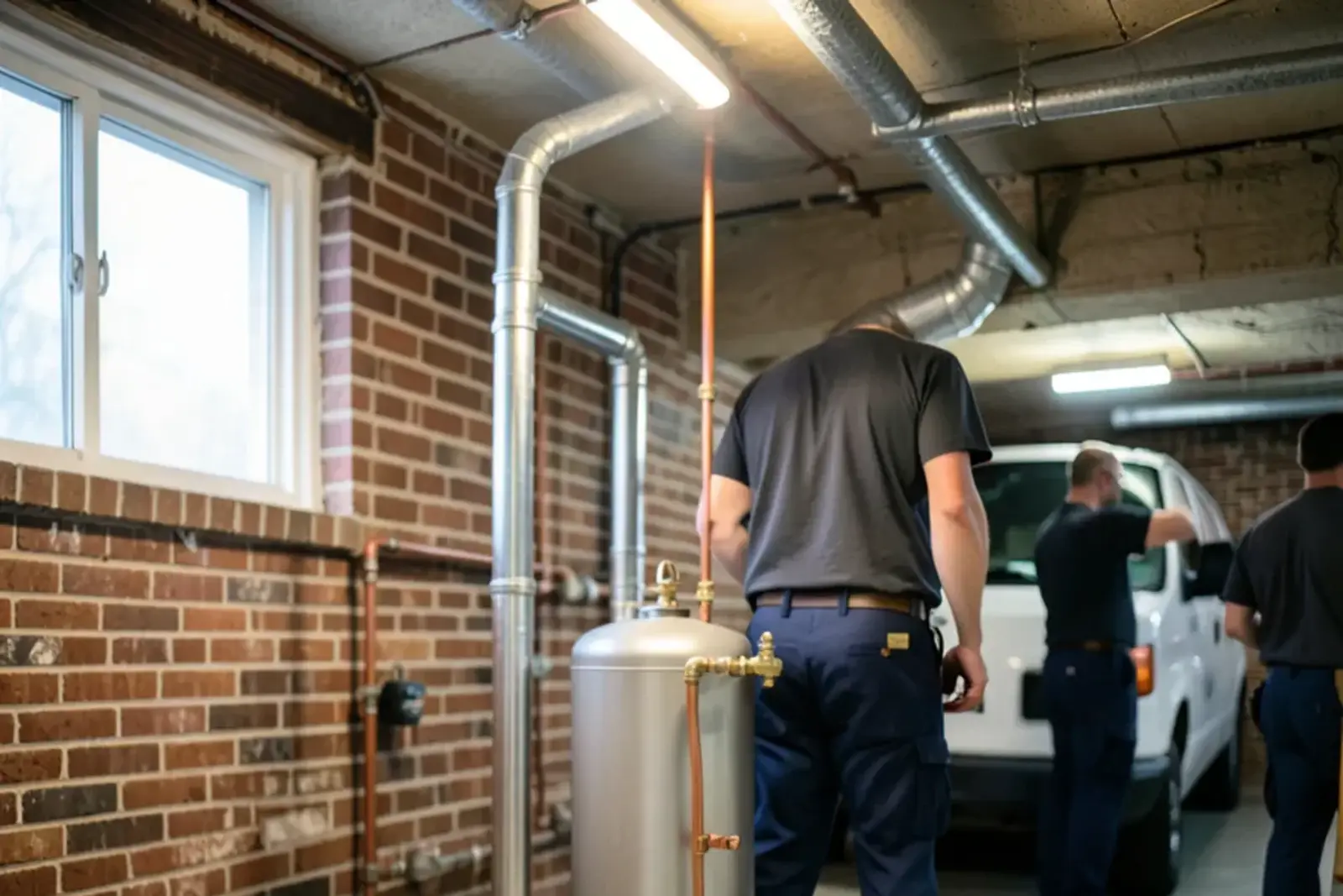 New gas water heater with a fresh vent connector and expansion tank in an unfinished basement