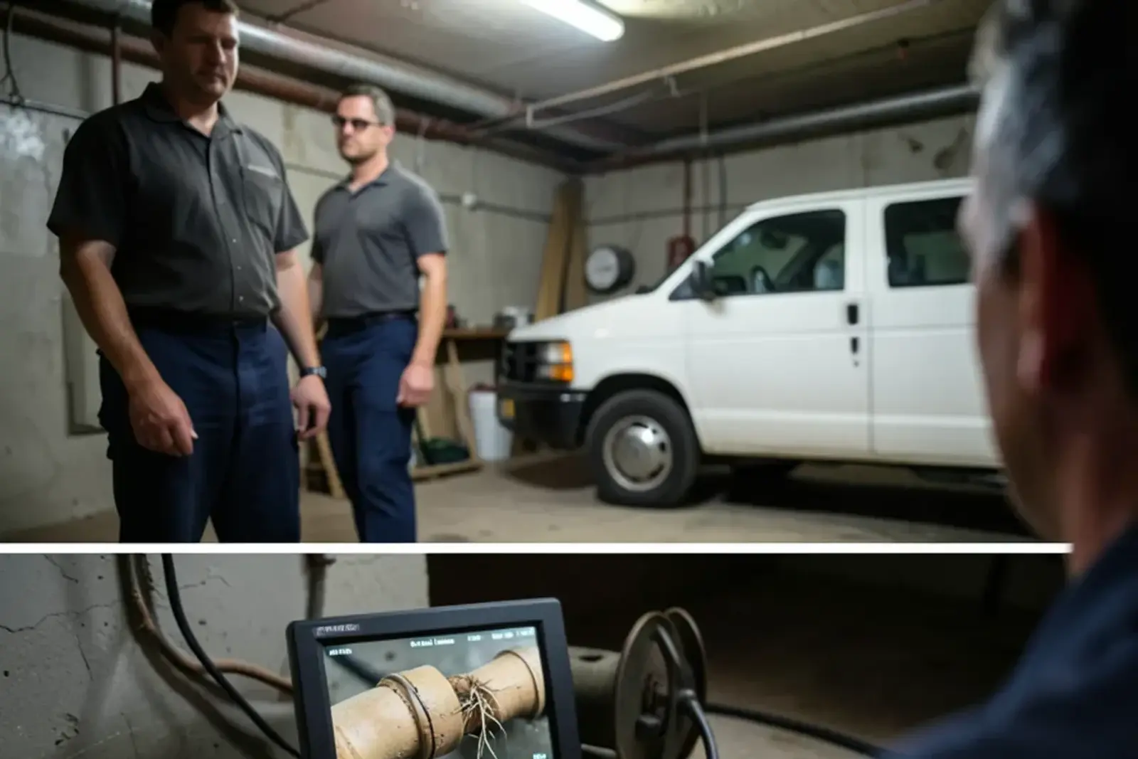 Sewer inspection camera monitor showing the inside of a clay pipe with a root intrusion