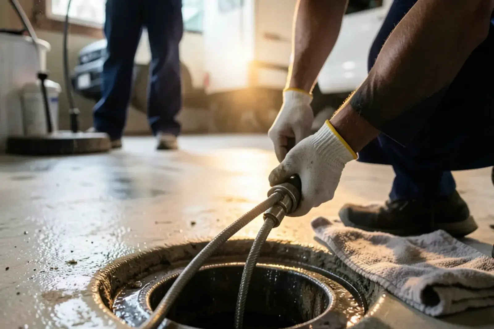 Drain cleaning machine cable feeding into a basement floor drain