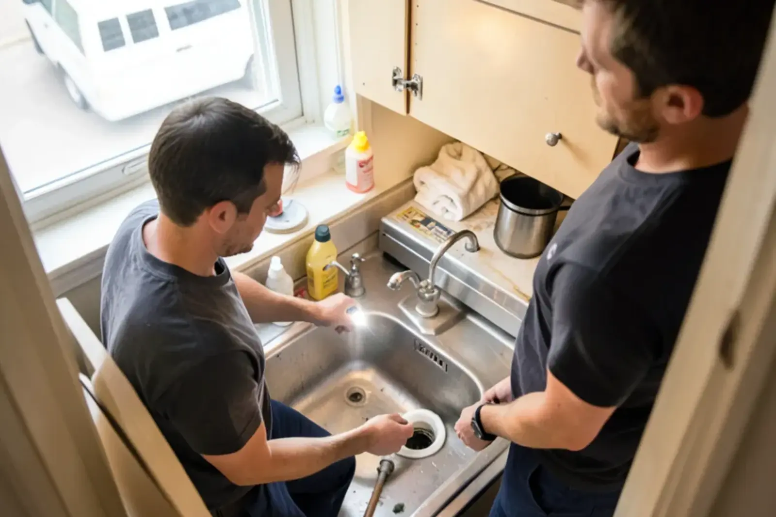 Plumber fitting a new PVC trap under a kitchen sink beside a garbage disposal