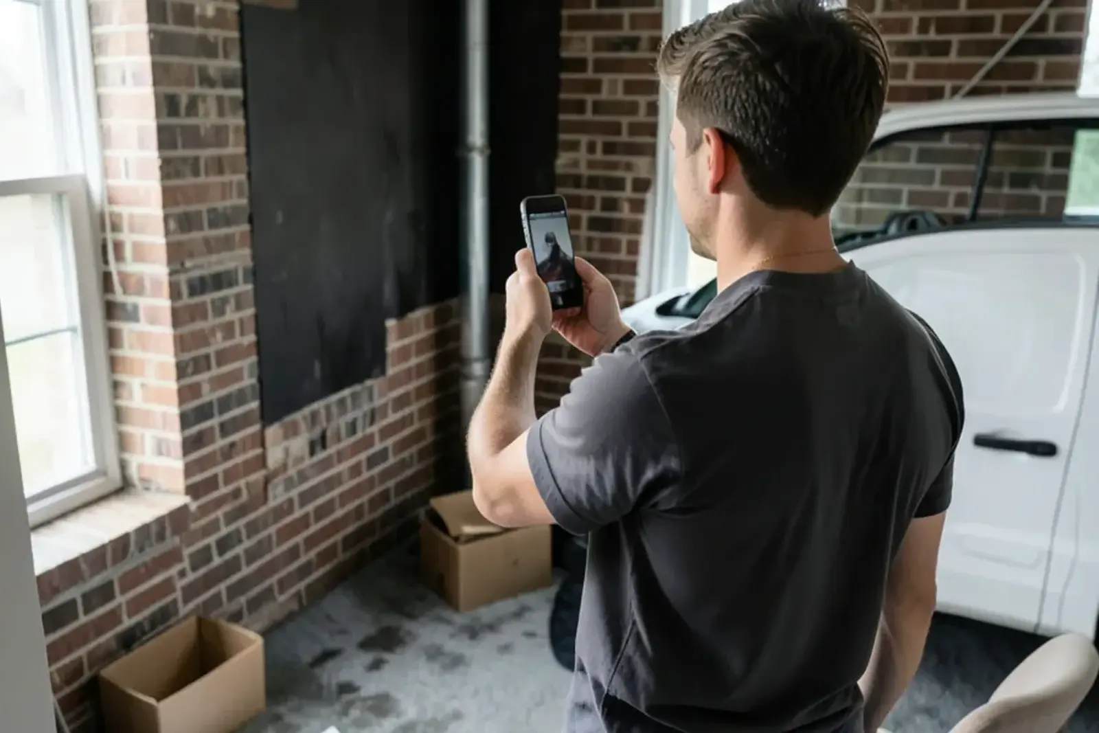 Homeowner photographing a wet basement wall and floor with a phone before cleanup