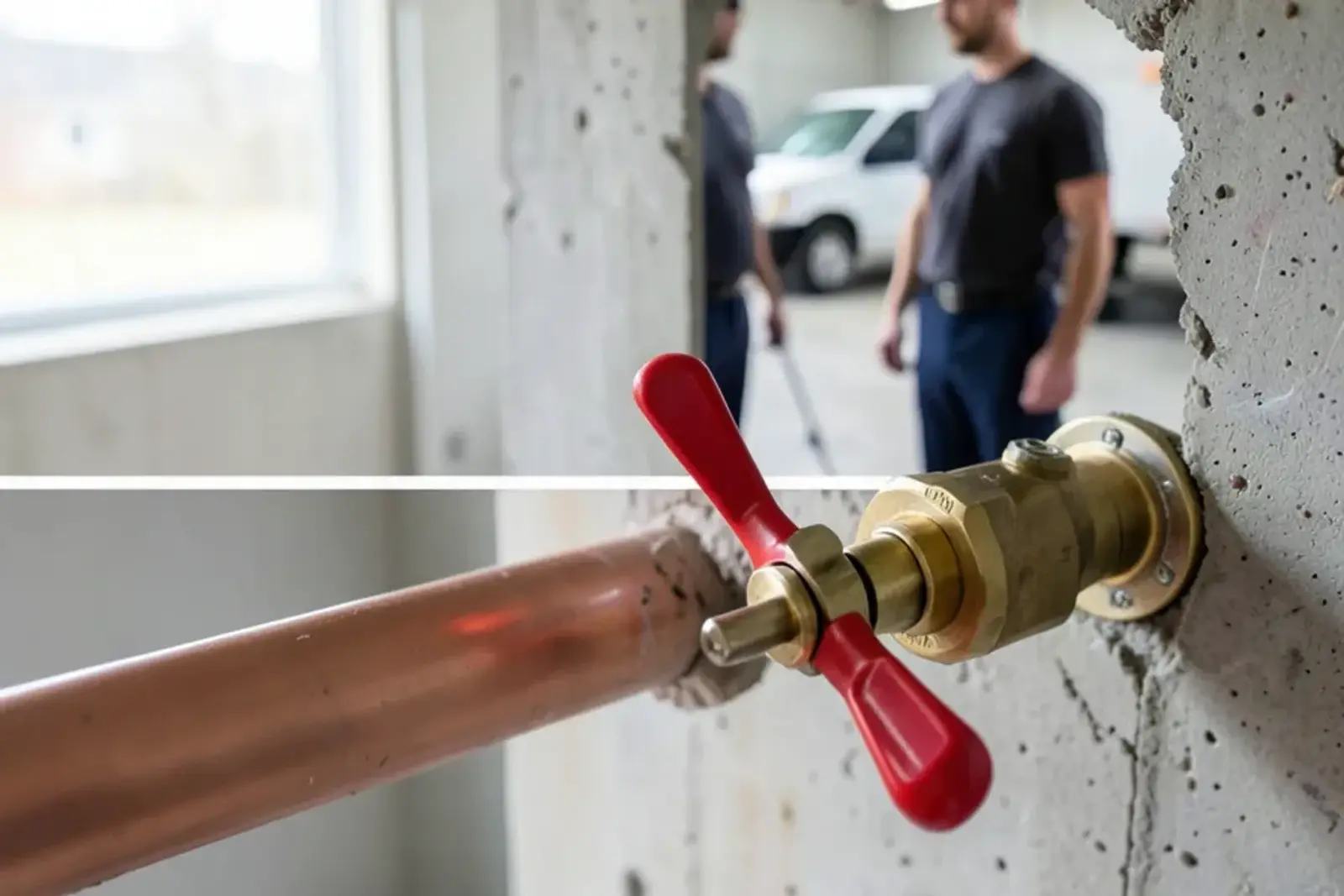 New copper service line passing through a sealed foundation sleeve into a new lever ball valve